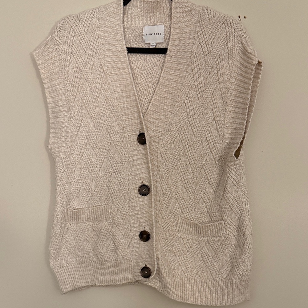 Pink Rose Beige Button-Up Sweater Vest